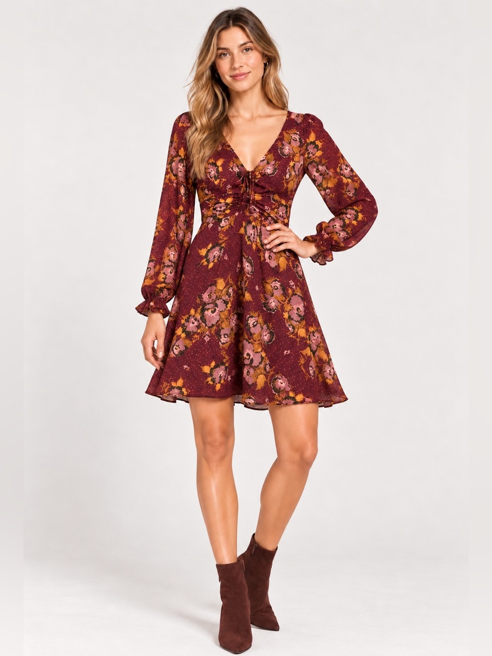 Free People Morning Light Floral Mini Dress Size 2 Burgundy Boho Romantic Fall